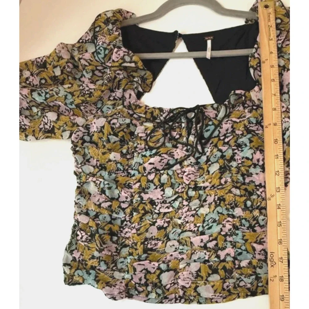 Free People Mabel Lace-Up Top XS Blouse Smocked Floral Bohemian Long Puff Sleeve